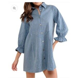 Women's Sparkle Striped Oversized Button Up Denim Dress Sz Small Cotton Western
